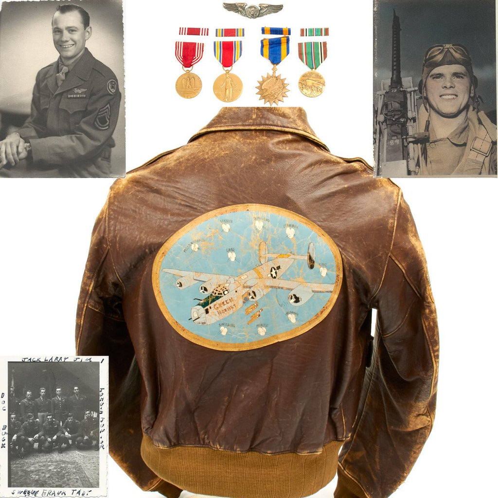 Original U.S. WWII B-24 Liberator Green Hornets Named Leather A-2 Jacket with Medal Grouping (Size 40) Original Items