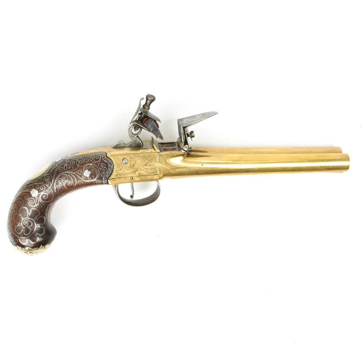Original British Brass Double Barrel Flintlock Pistol by Parkes- Circa 1770  – International Military Antiques