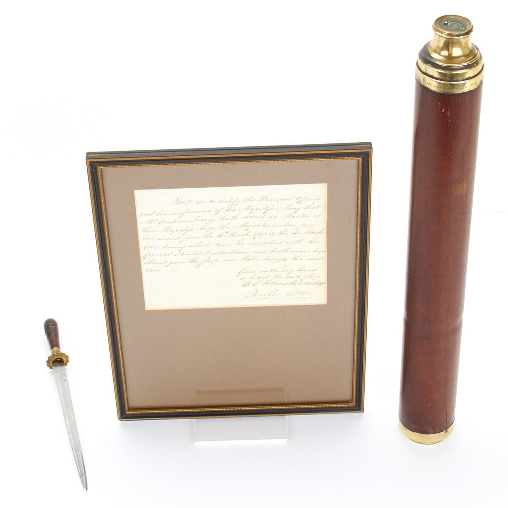 Original 1794 British Naval Captain of HMS Majestic Set of Testimonial, Telescope, Dirk Original Items